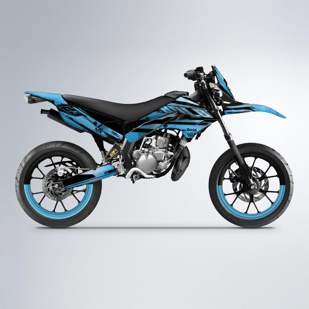 NTK V3 Derbi Senda supermoto graphics kit in Light Blue & White