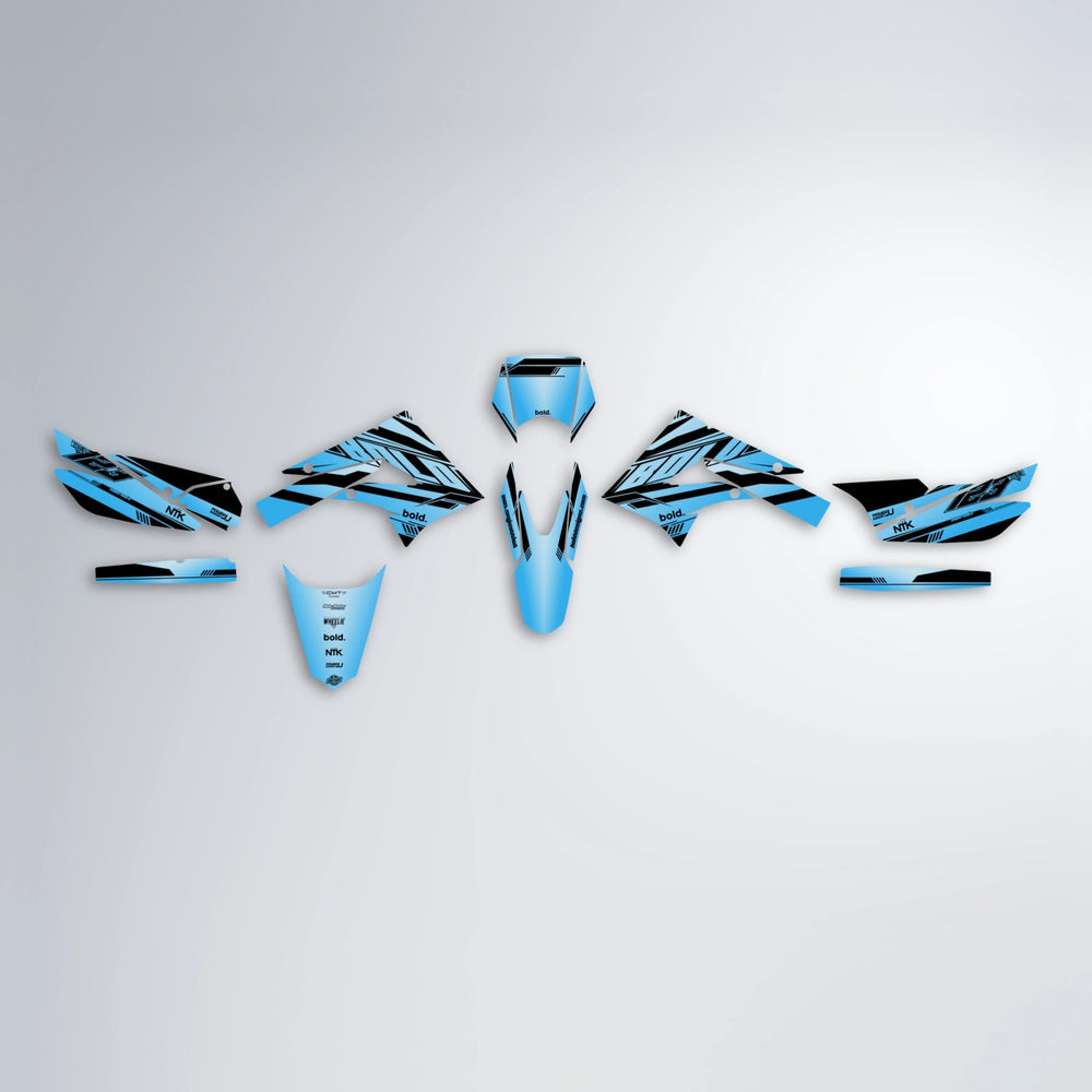 NTK V3 Derbi Senda graphics kit parts layout in Light Blue & White