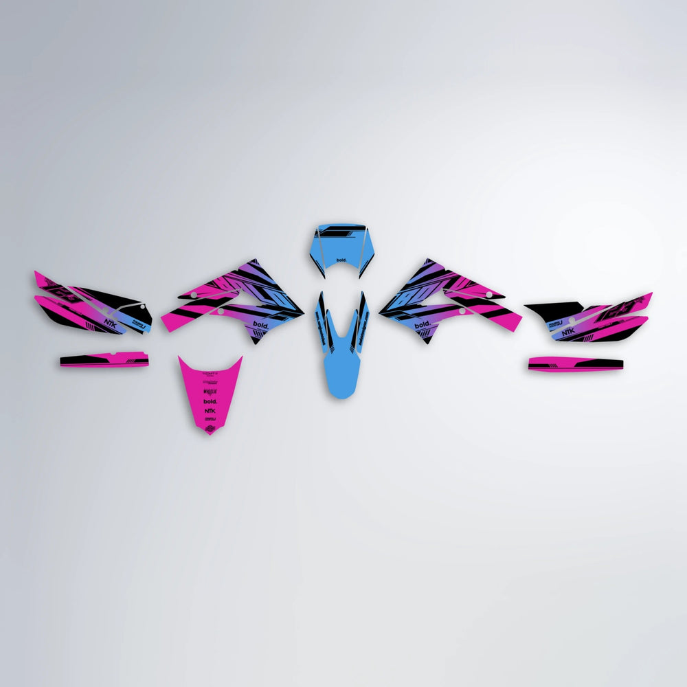 NTK V3 Derbi Senda graphics kit parts layout in Pink & Light Blue