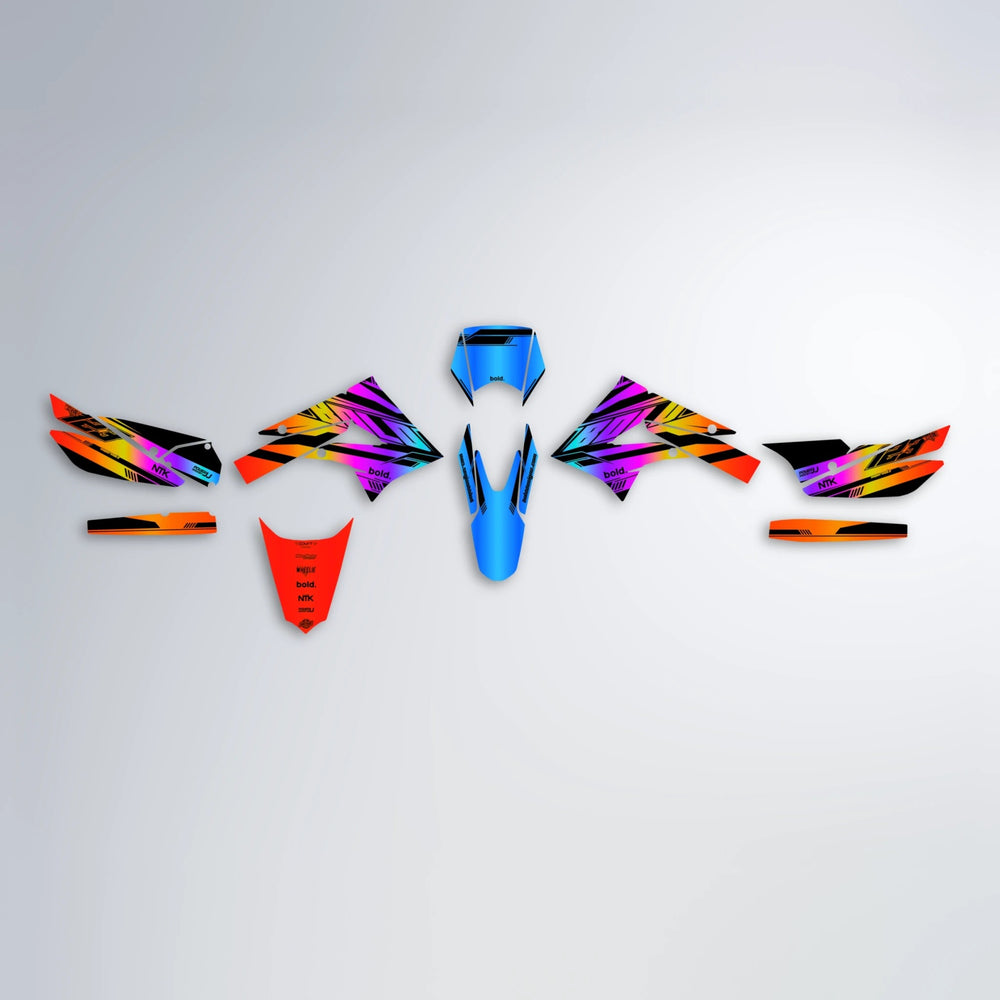 NTK V3 Derbi Senda graphics kit parts layout in Sunset Fade