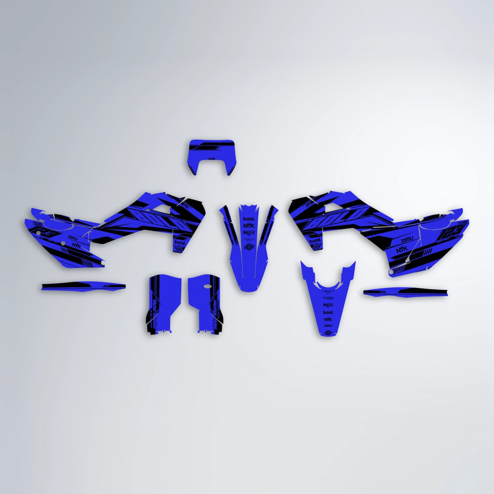 NTK V3 Husqvarna FE/TE graphics kit parts layout in Blue