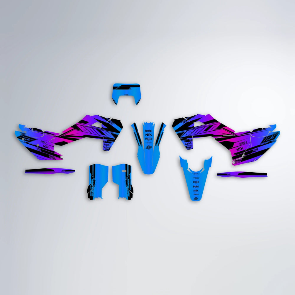 NTK V3 Husqvarna FE/TE graphics kit parts layout in Blue Purple Fade