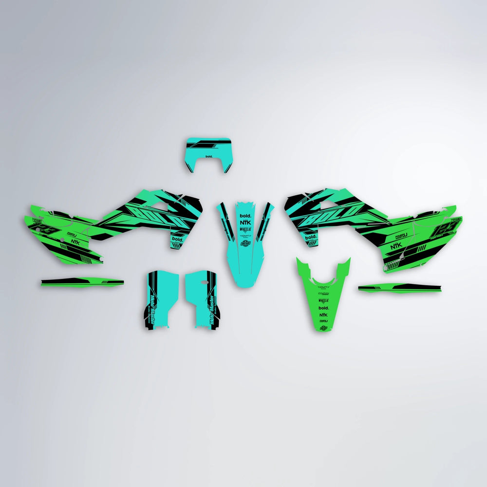 NTK V3 Husqvarna FE/TE graphics kit parts layout in Cyan & Green