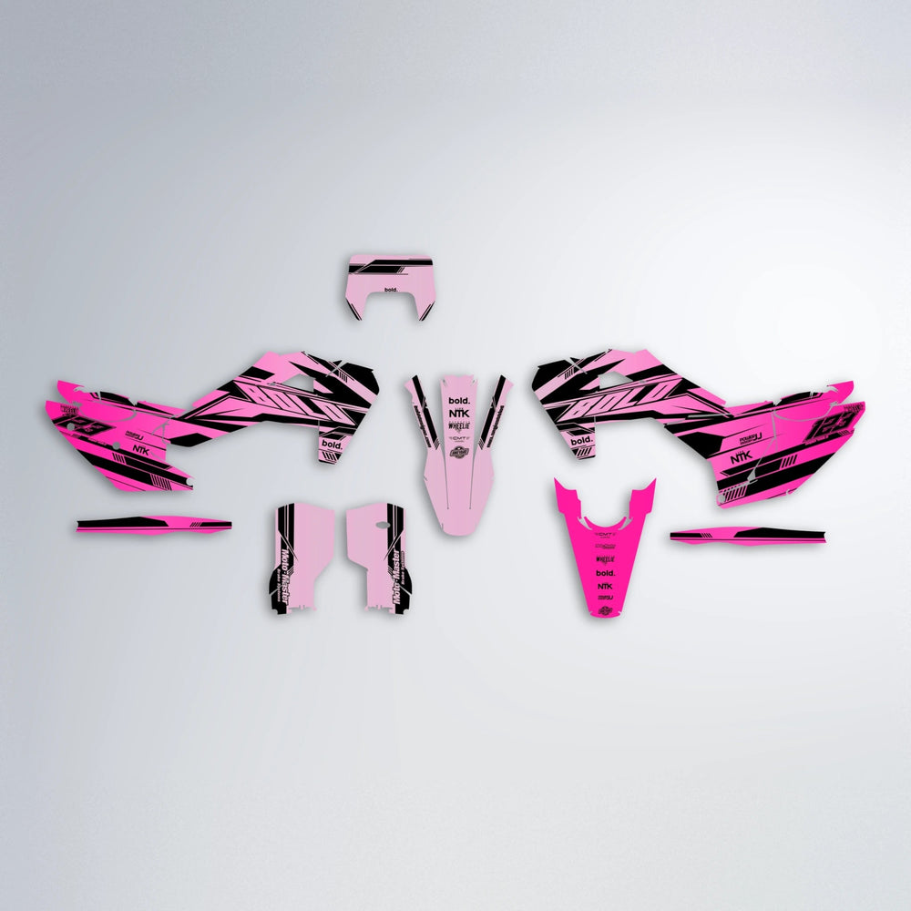 NTK V3 Husqvarna FE/TE graphics kit parts layout in Flamingo