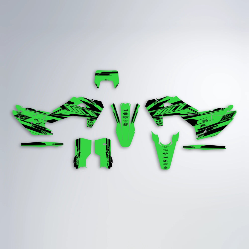 NTK V3 Husqvarna FE/TE graphics kit parts layout in Green