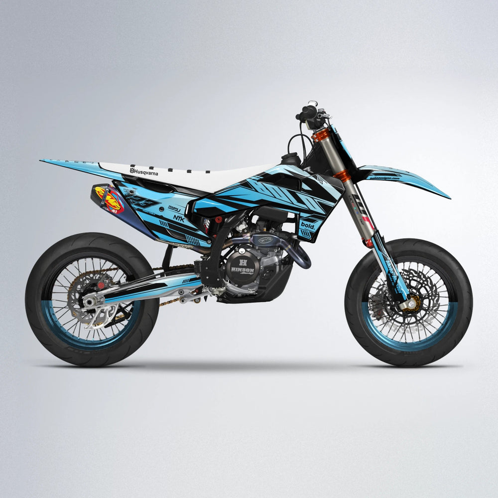 NTK V3 Husqvarna FE/TE supermoto graphics kit in Light Blue & White