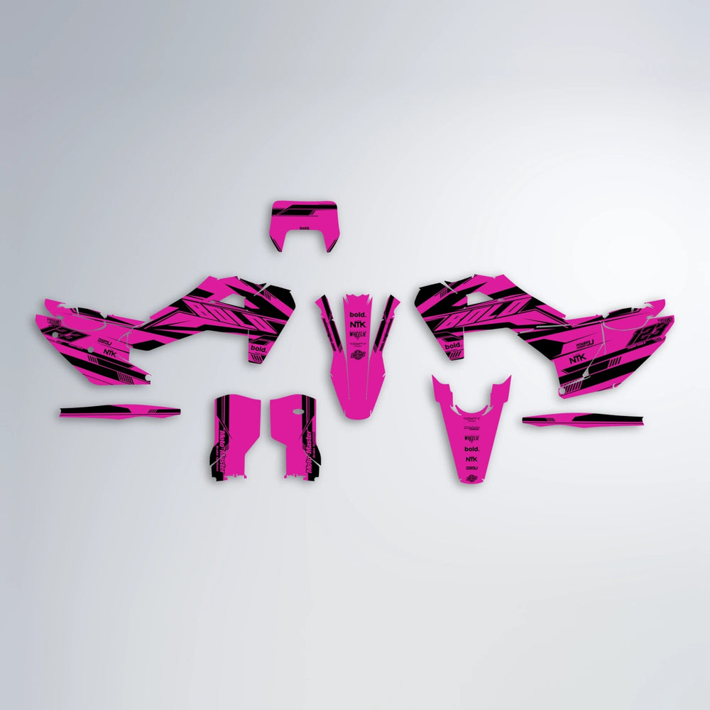 NTK V3 Husqvarna FE/TE graphics kit parts layout in Pink