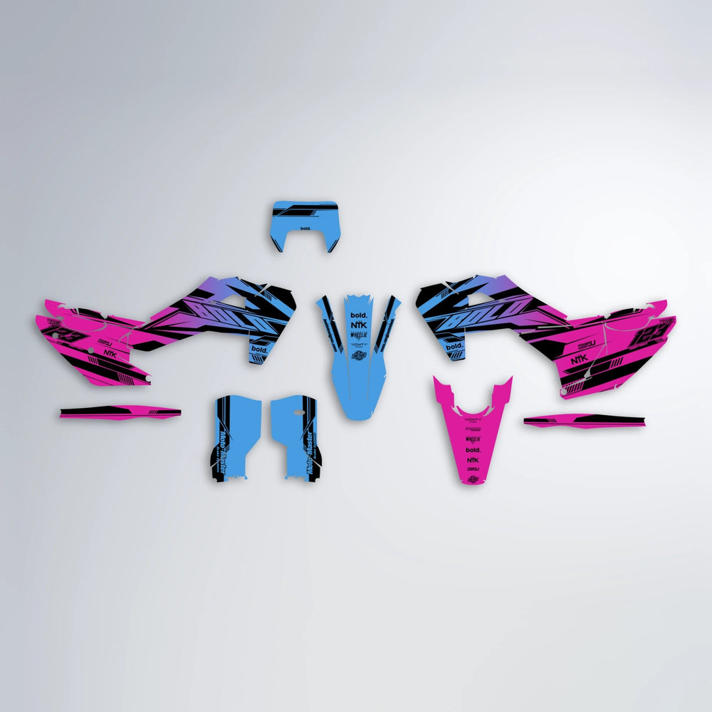 NTK V3 Husqvarna FE/TE graphics kit parts layout in Pink & Light Blue