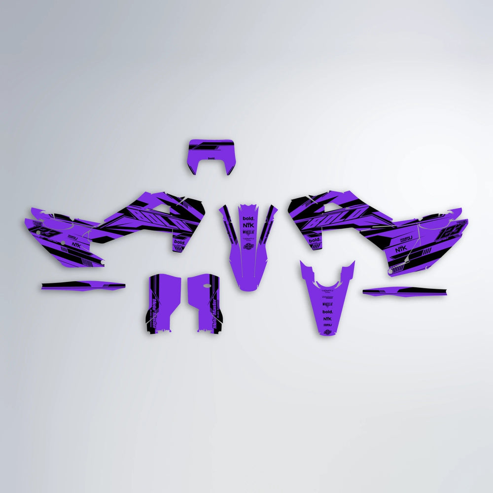 NTK V3 Husqvarna FE/TE graphics kit parts layout in Purple