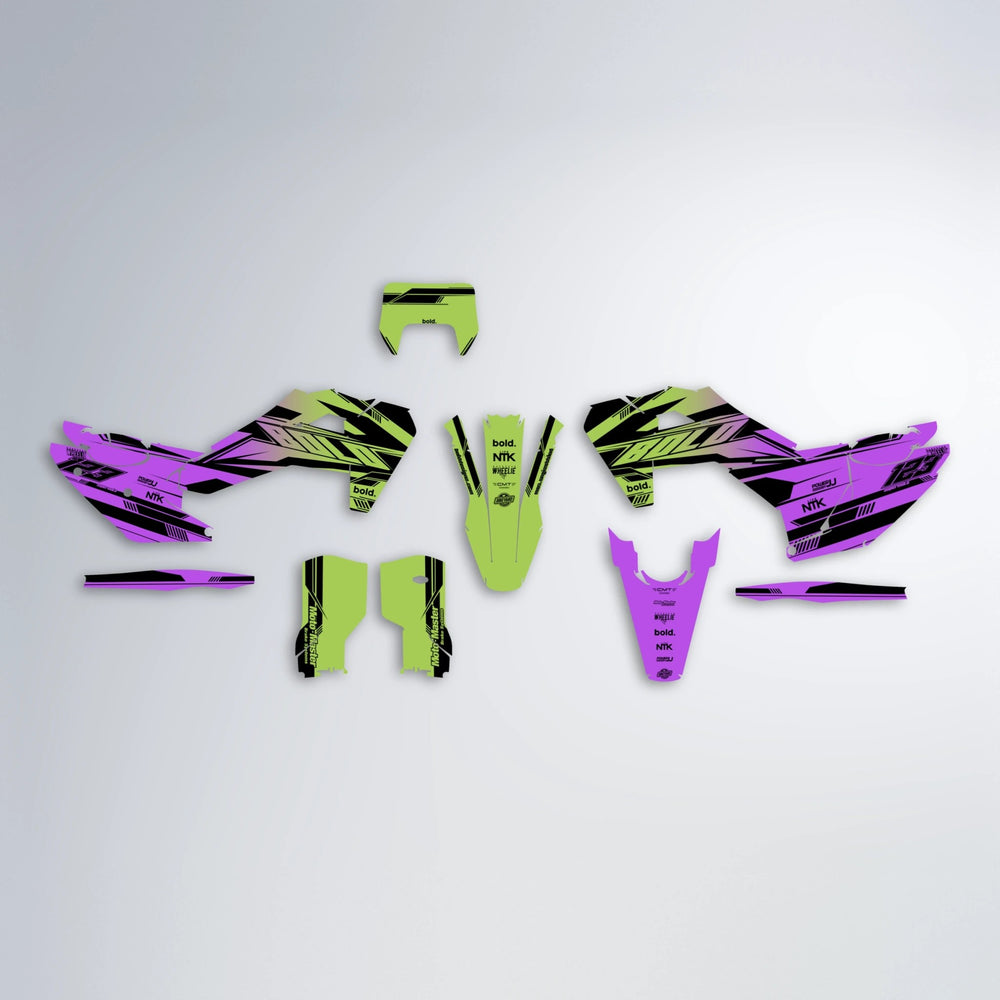 NTK V3 Husqvarna FE/TE graphics kit parts layout in Purple & Yellow