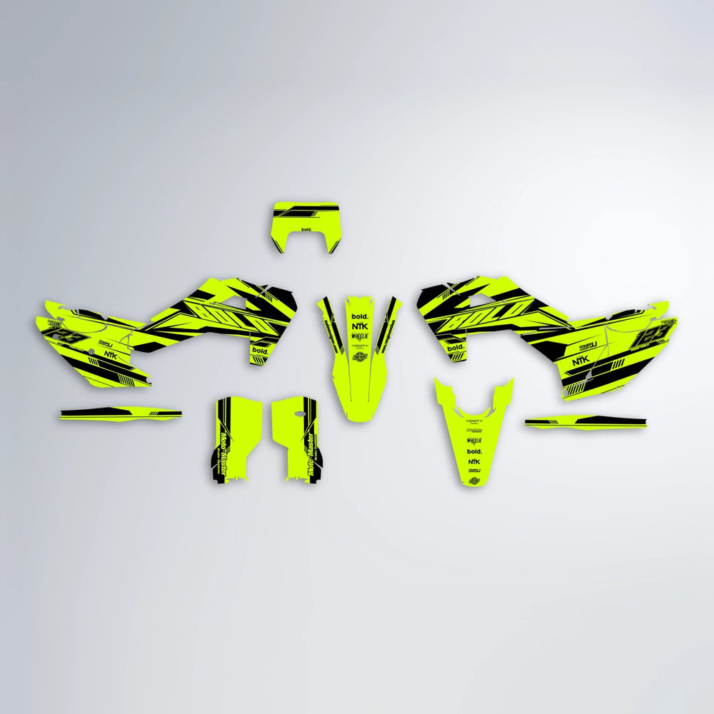 NTK V3 Husqvarna FE/TE graphics kit parts layout in Yellow