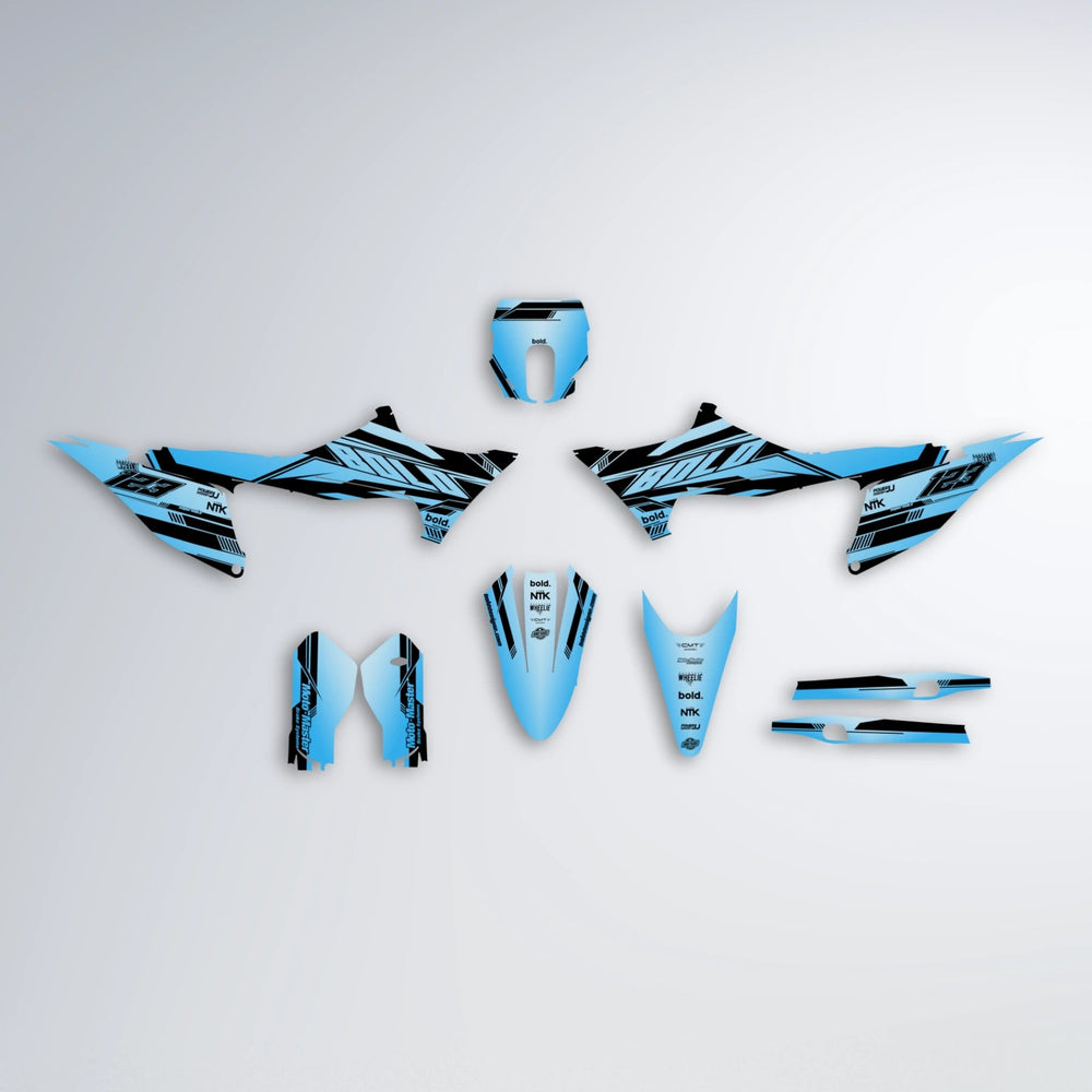 NTK V3 Stark Varg MX graphics kit parts layout in Light Blue & White
