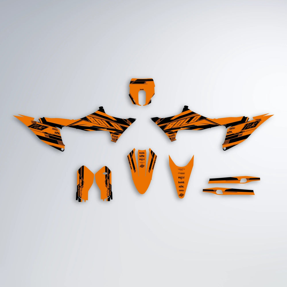 NTK V3 Stark Varg MX graphics kit parts layout in Orange