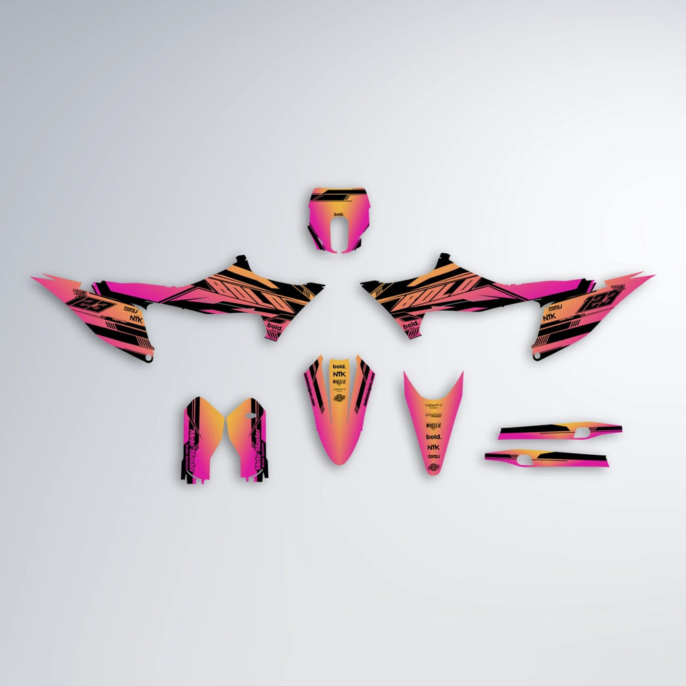 NTK V3 Stark Varg MX graphics kit parts layout in Pink & Yellow