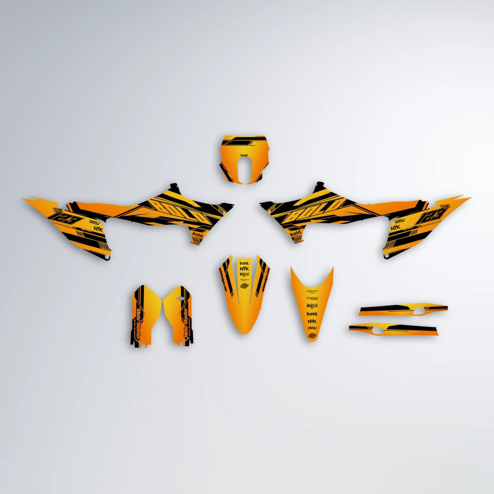 NTK V3 Stark Varg SM graphics kit parts layout in Orange & Yellow