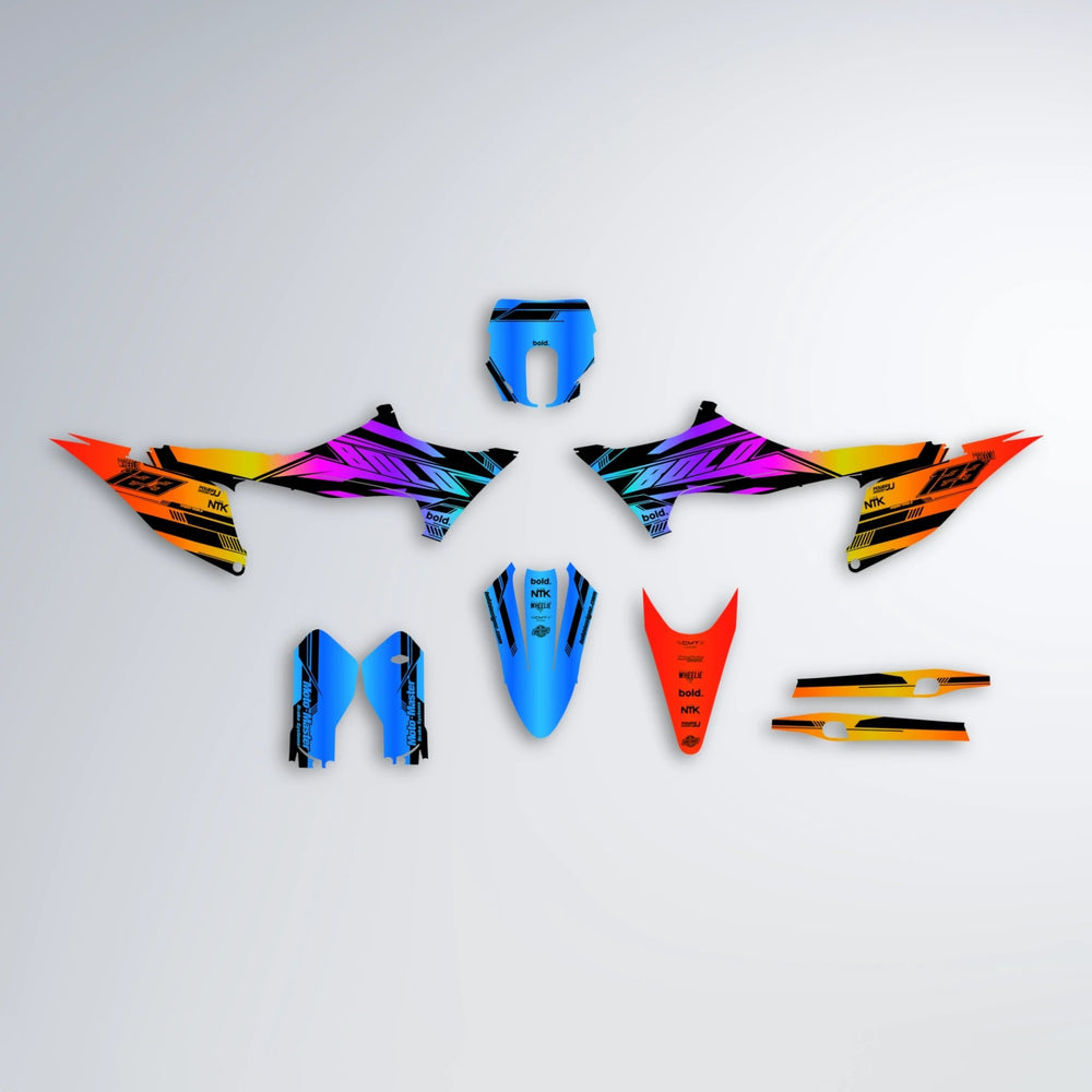 NTK V3 Stark Varg SM graphics kit parts layout in Sunset Fade