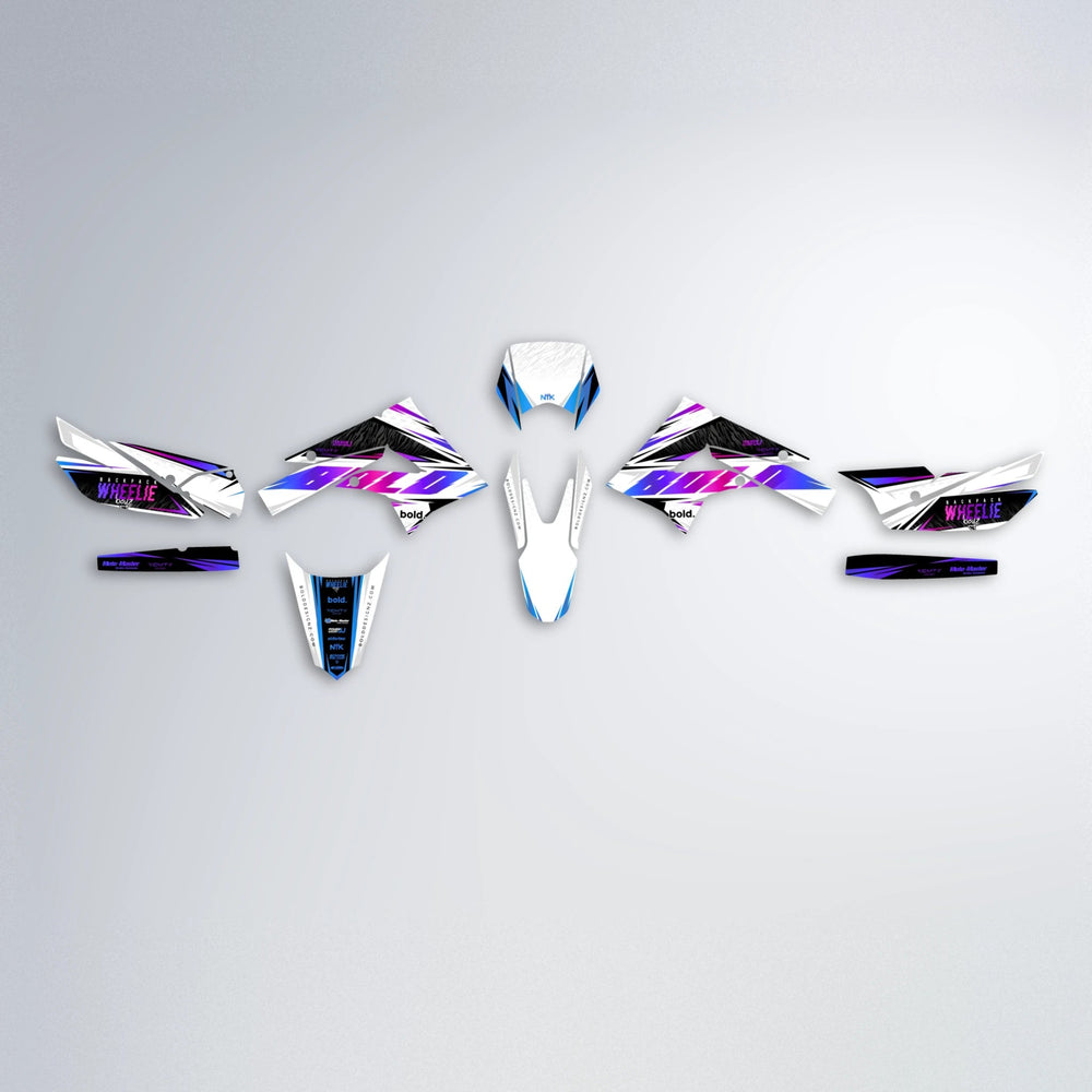 NTK V4 Derbi Senda graphics kit parts layout in Blue Purple Fade