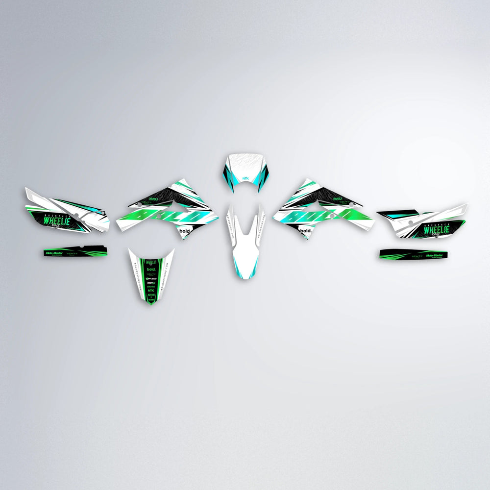NTK V4 Derbi Senda graphics kit parts layout in Cyan & Green