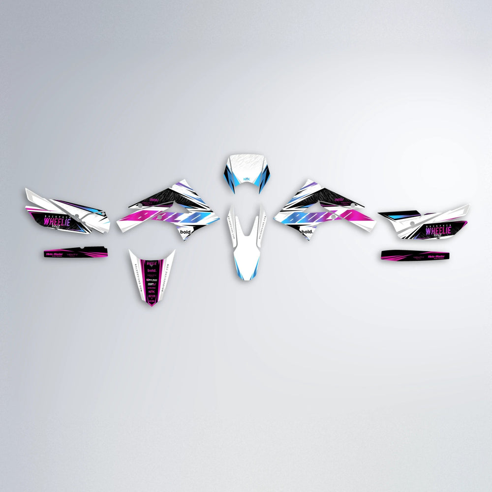 NTK V4 Derbi Senda graphics kit parts layout in Pink & Light Blue