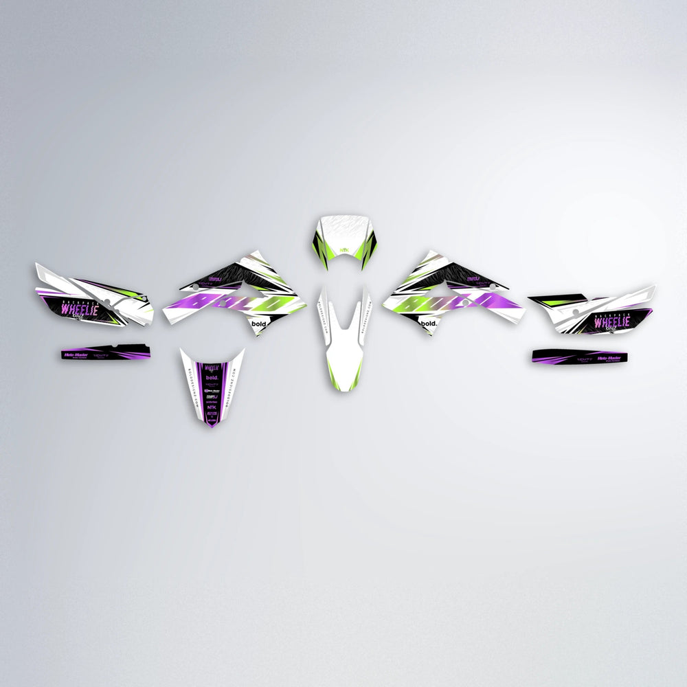 NTK V4 Derbi Senda graphics kit parts layout in Purple & Yellow