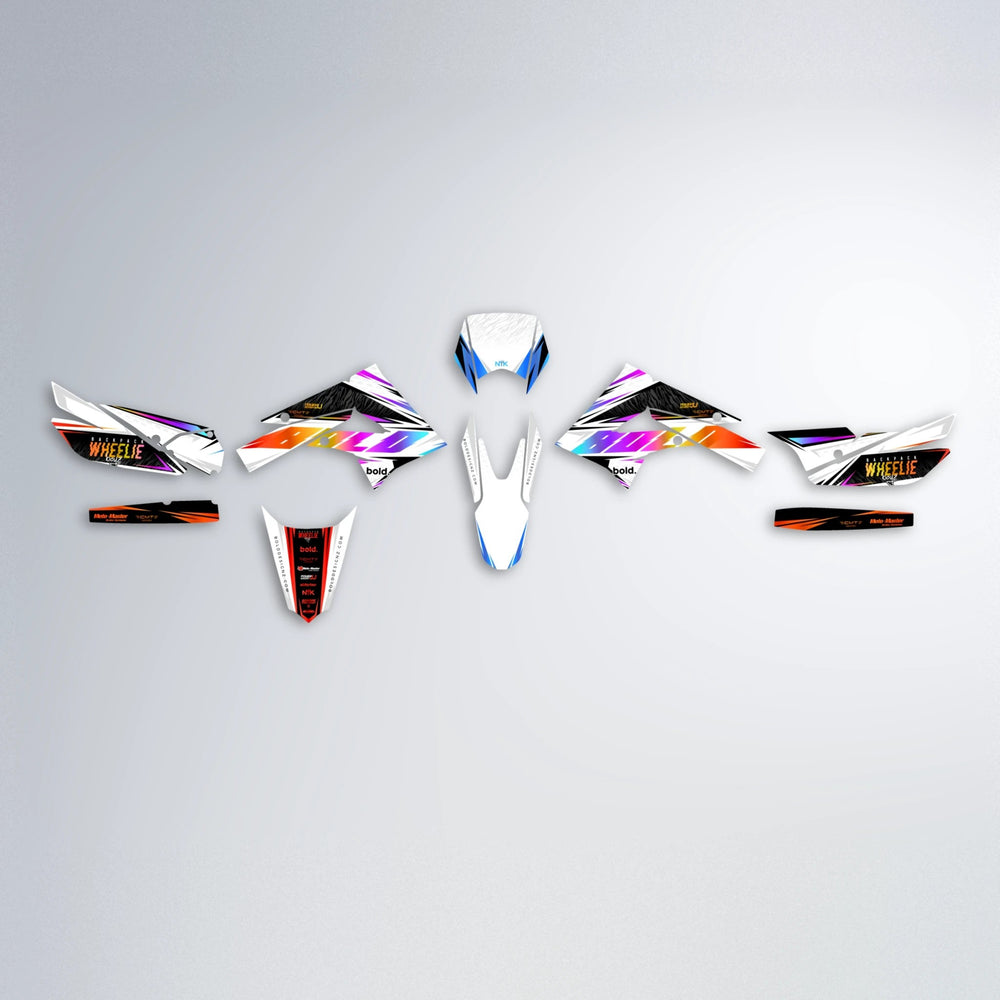 NTK V4 Derbi Senda graphics kit parts layout in Sunset Fade