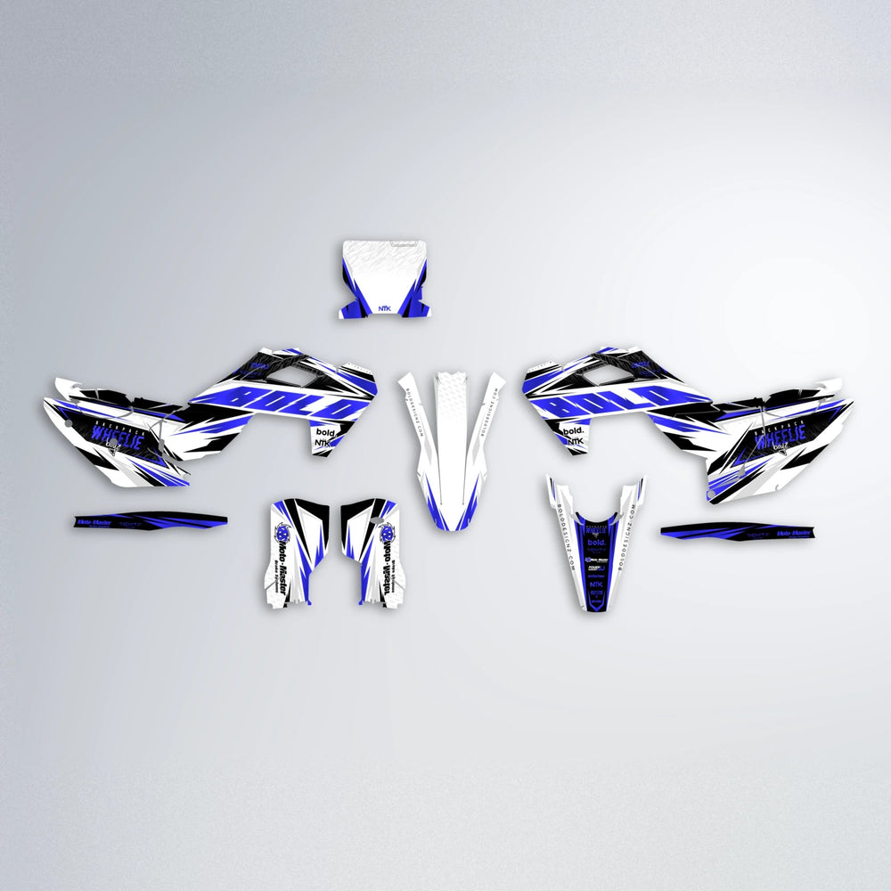 NTK V4 Husqvarna FE/TE graphics kit parts layout in Blue