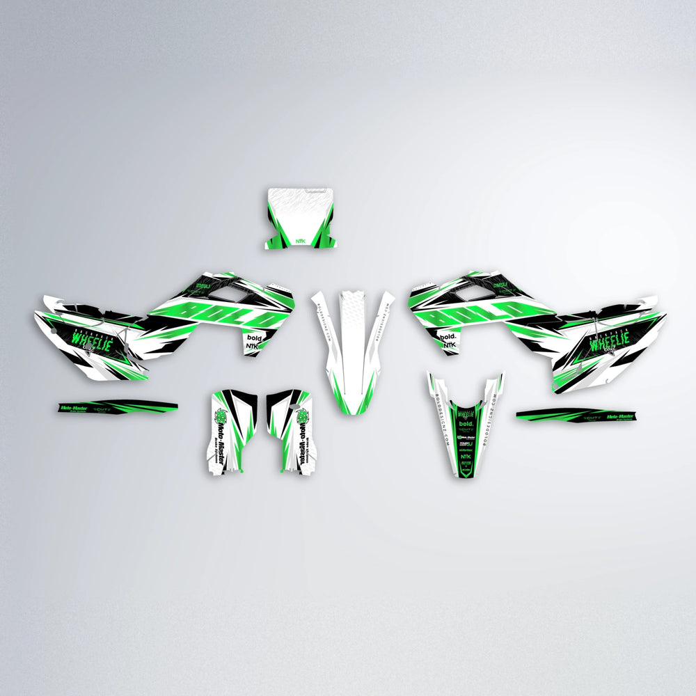 NTK V4 Husqvarna FE/TE graphics kit parts layout in Green