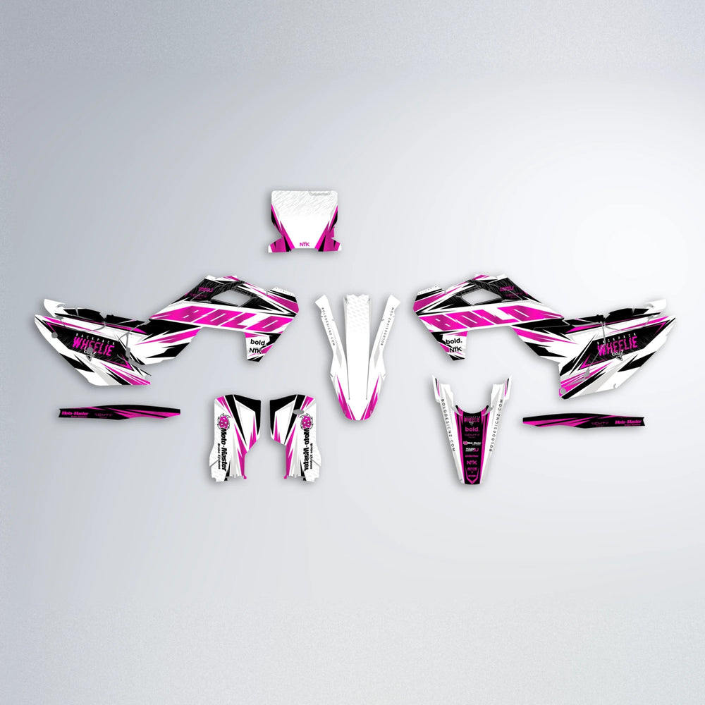NTK V4 Husqvarna FE/TE graphics kit parts layout in Pink
