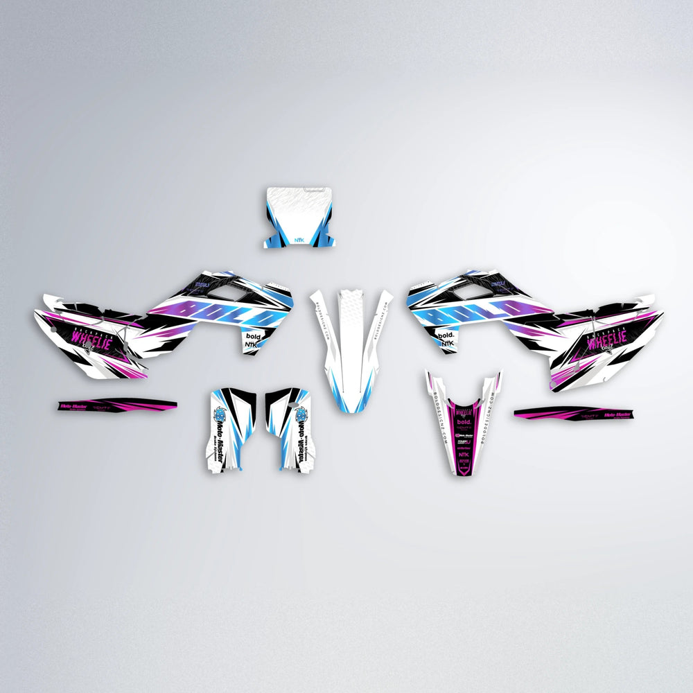 NTK V4 Husqvarna FE/TE graphics kit parts layout in Pink & Light Blue