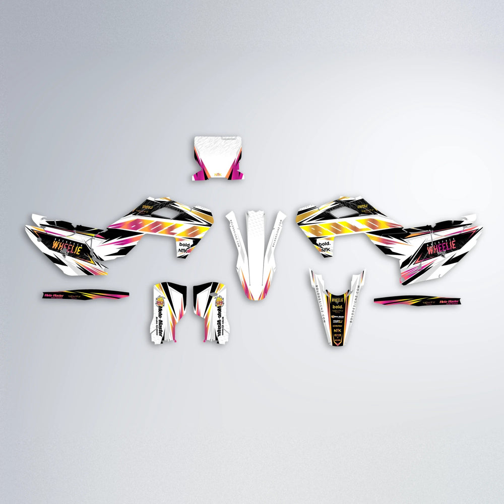 NTK V4 Husqvarna FE/TE graphics kit parts layout in Pink & Yellow