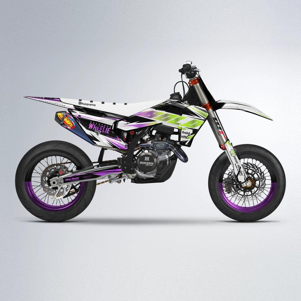 NTK V4 Husqvarna FE/TE supermoto graphics kit in Purple & Yellow