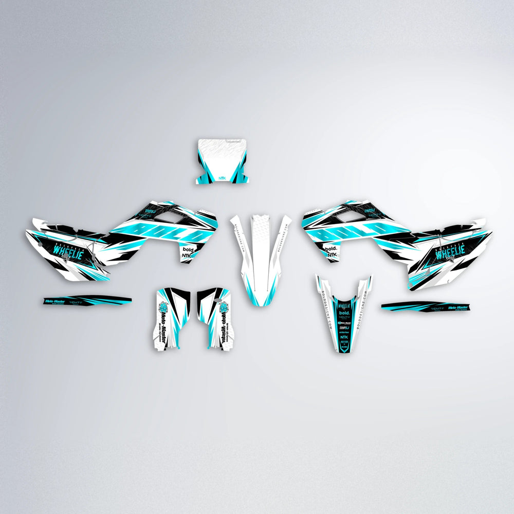 NTK V4 Husqvarna FE/TE graphics kit parts layout in Teal