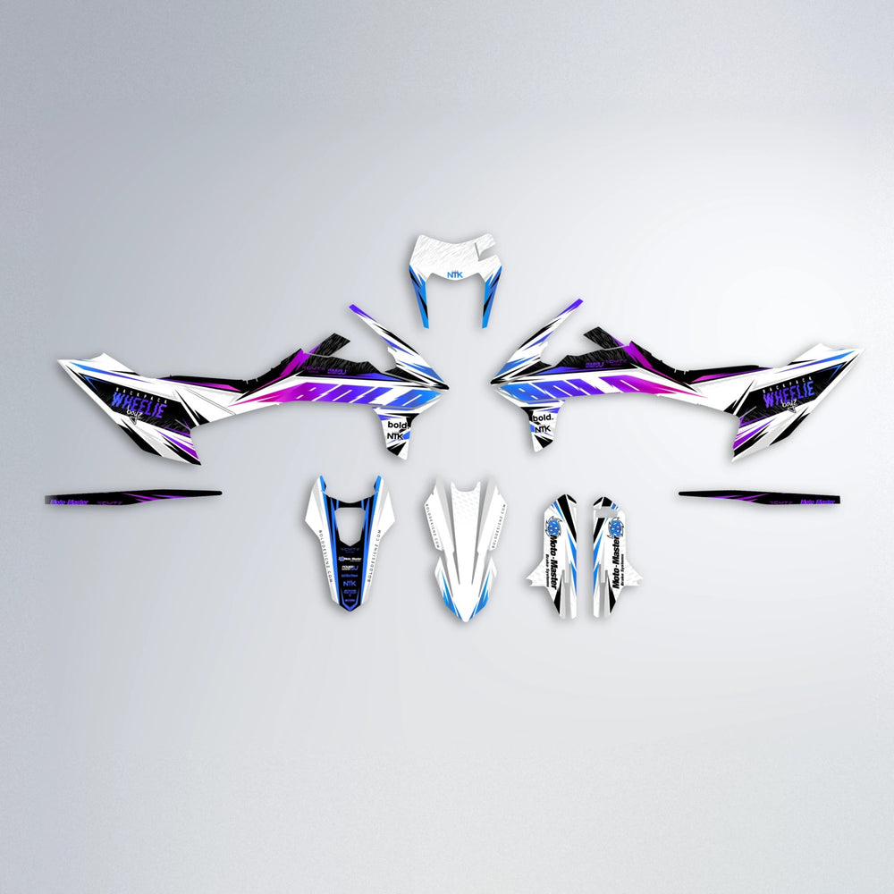 NTK V4 KTM SMC 690 graphics kit parts layout in Blue Purple Fade