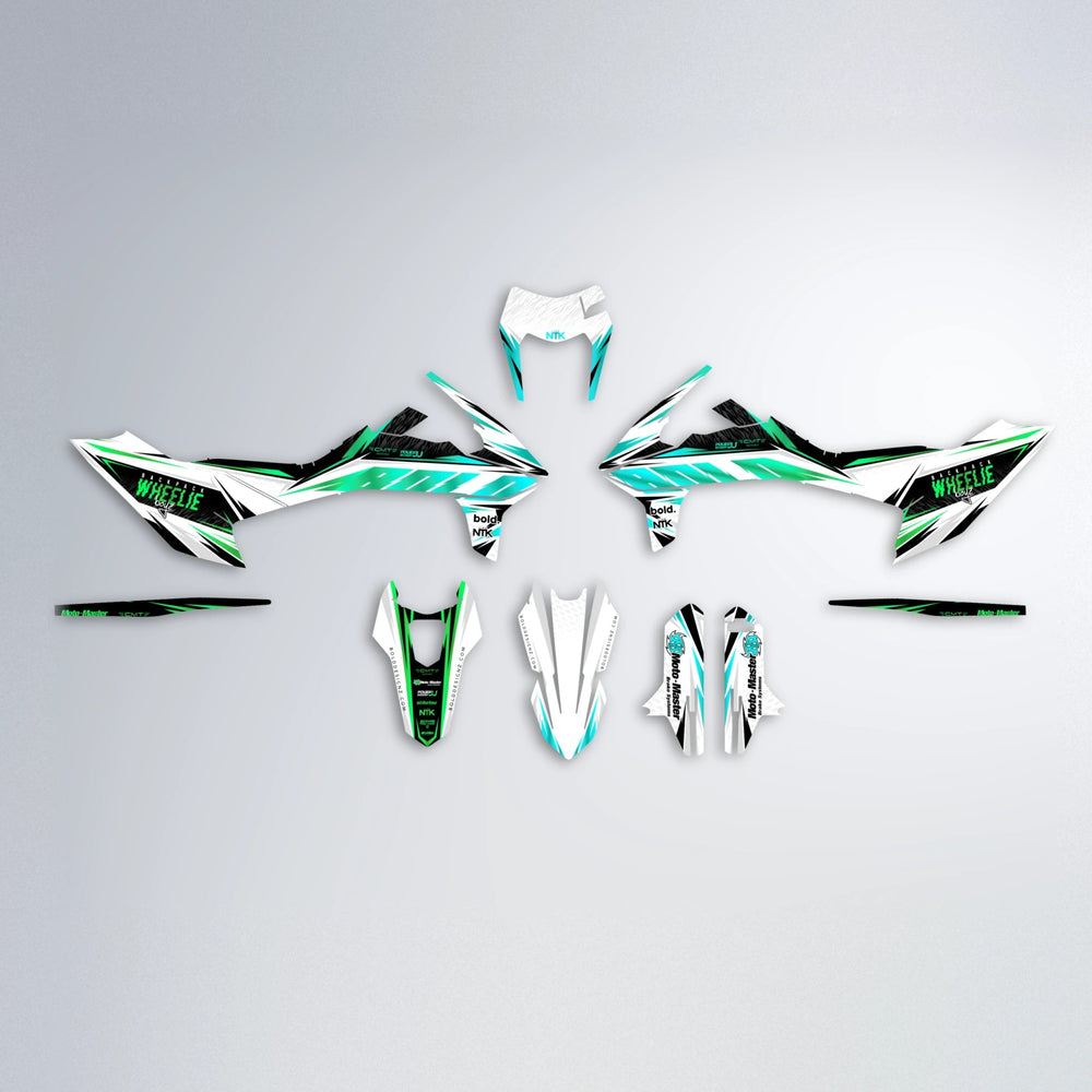 NTK V4 KTM SMC 690 graphics kit parts layout in Cyan & Green