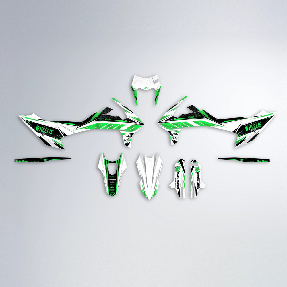 NTK V4 KTM SMC 690 graphics kit parts layout in Green