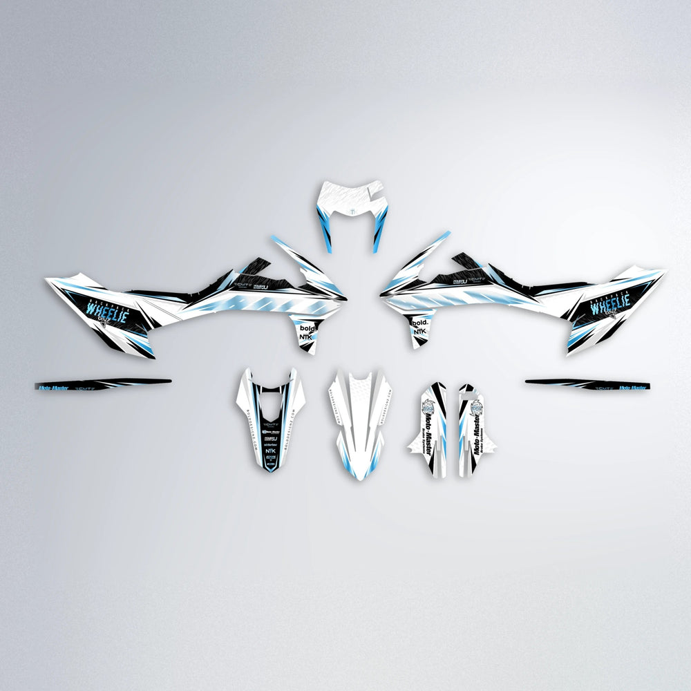 NTK V4 KTM SMC 690 graphics kit parts layout in Light Blue & White