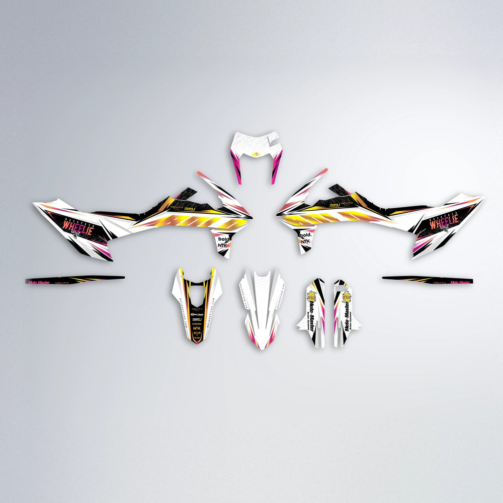 NTK V4 KTM SMC 690 graphics kit parts layout in Pink & Yellow