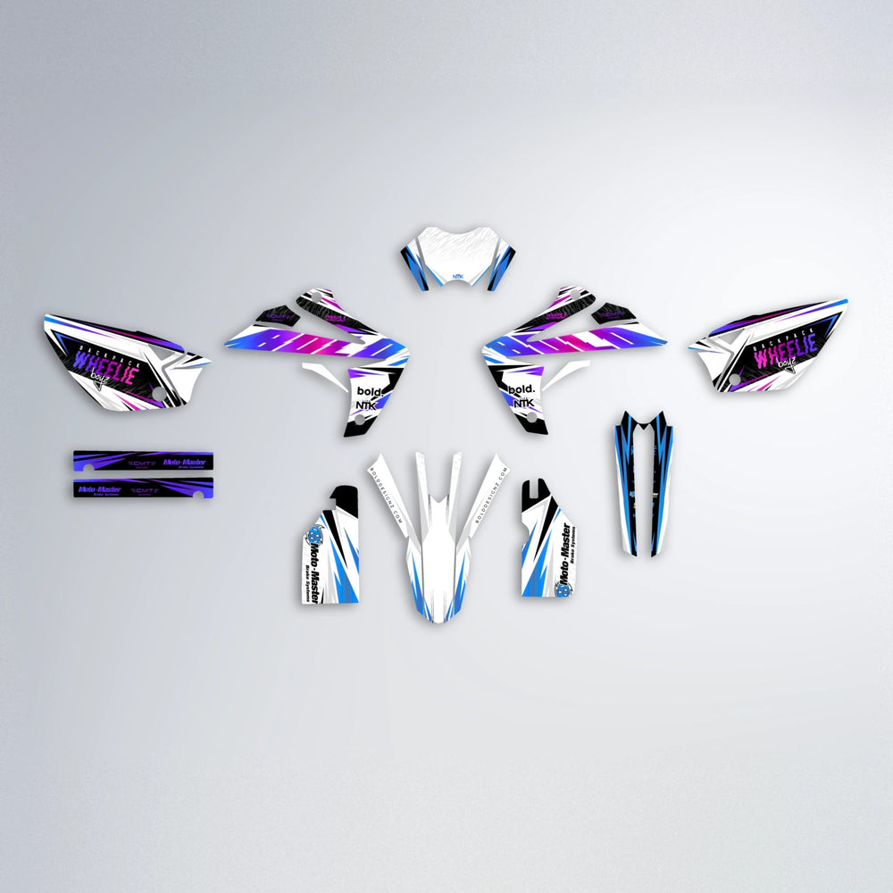 NTK V4 Rieju MRT graphics kit parts layout in Blue Purple Fade