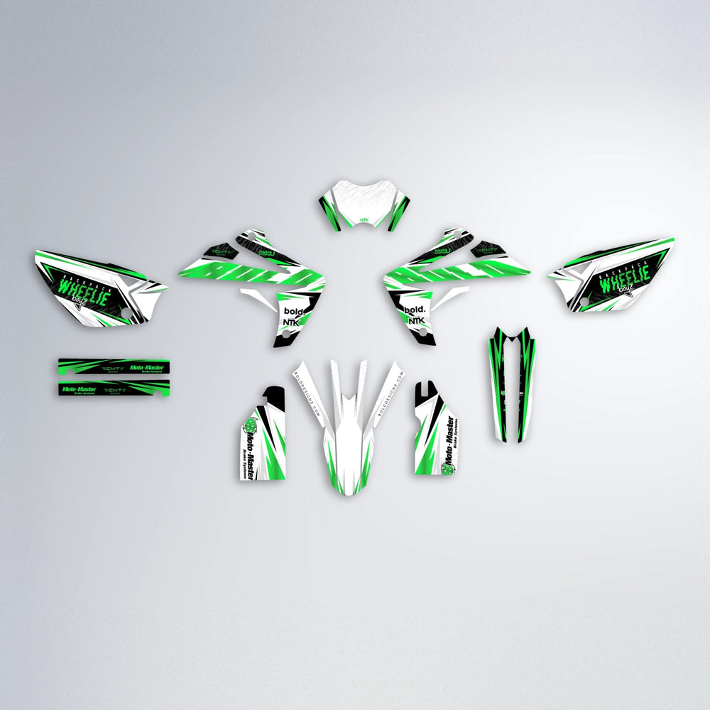 NTK V4 Rieju MRT graphics kit parts layout in Green
