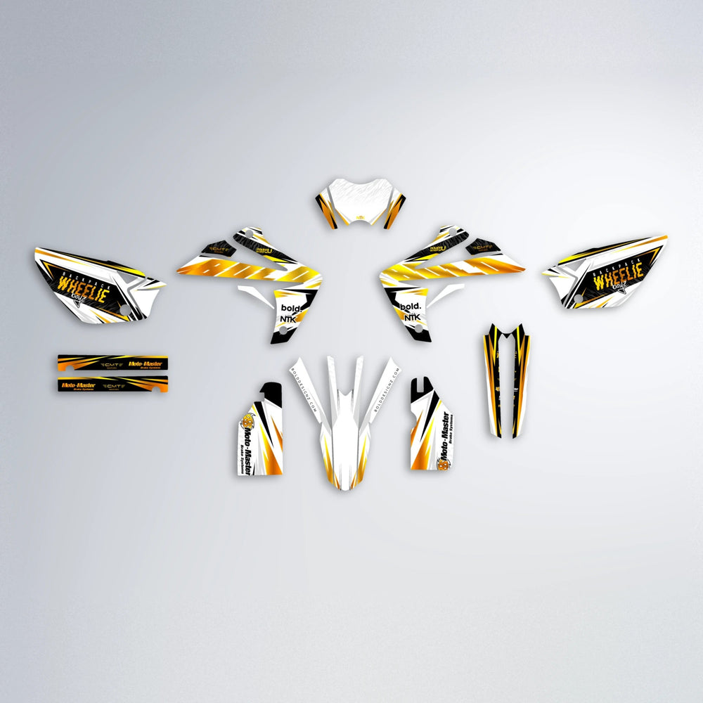 NTK V4 Rieju MRT graphics kit parts layout in Orange & Yellow