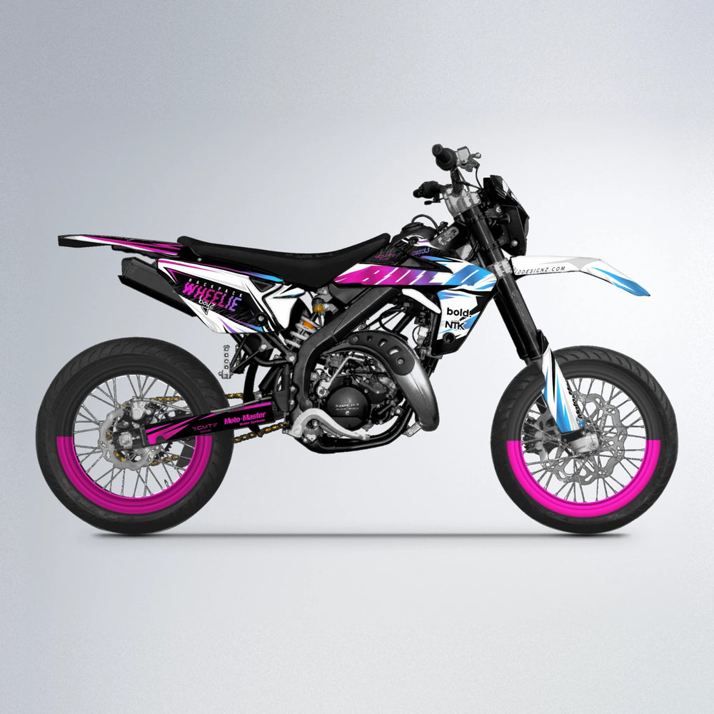 NTK V4 Rieju MRT supermoto graphics kit in Pink & Light Blue