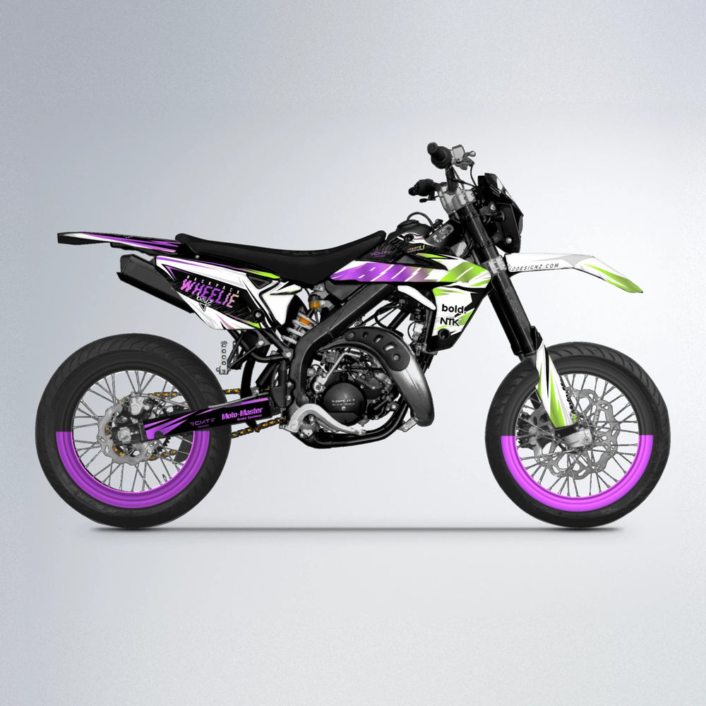 NTK V4 Rieju MRT supermoto graphics kit in Purple & Yellow