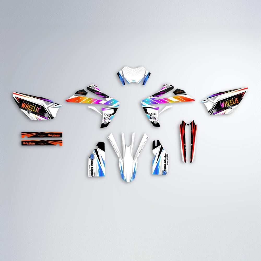 NTK V4 Rieju MRT graphics kit parts layout in Sunset Fade