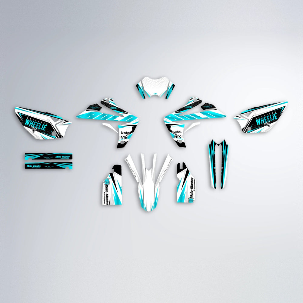 NTK V4 Rieju MRT graphics kit parts layout in Teal