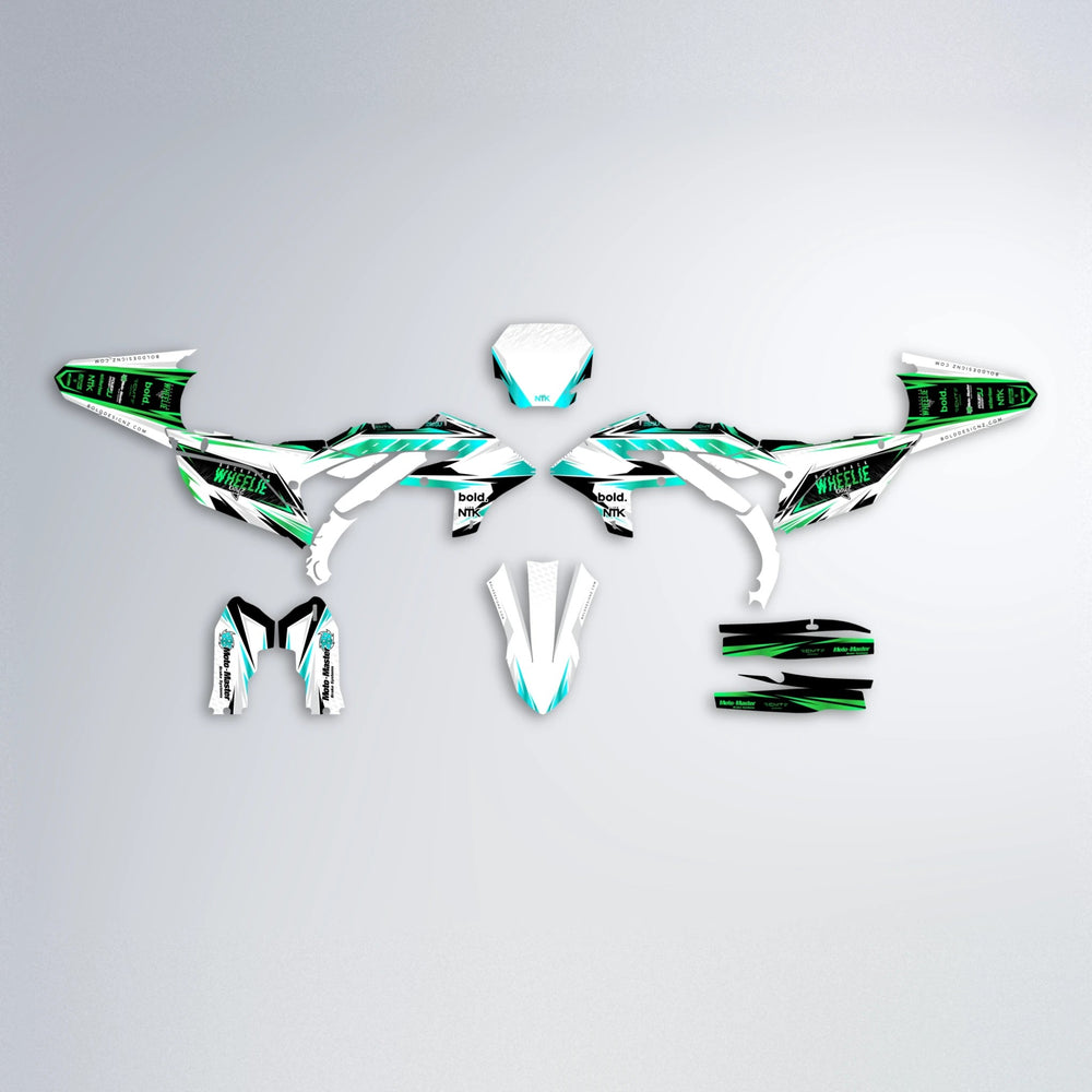 NTK V4 Yamaha YZF MX graphics kit parts layout in Cyan & Green