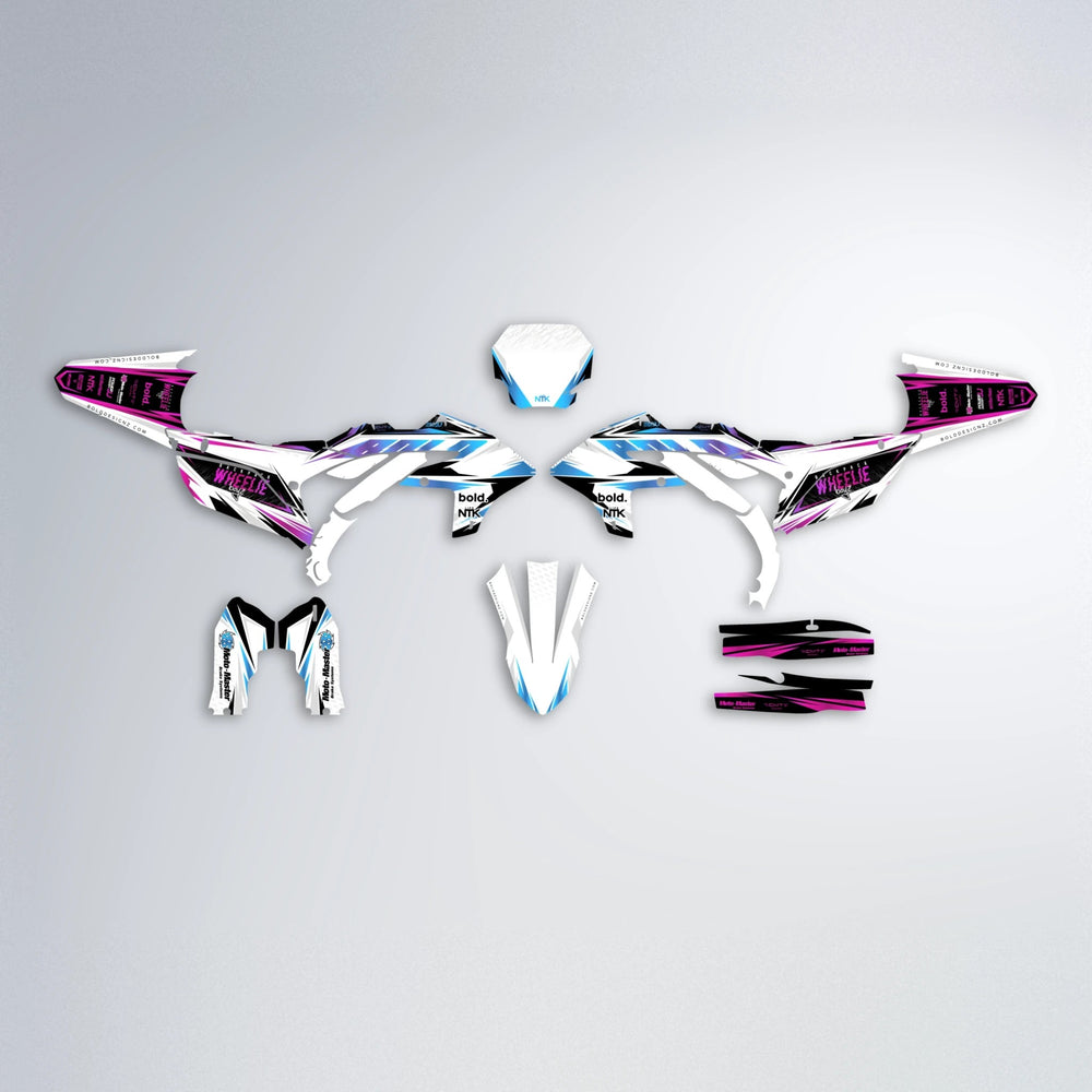 NTK V4 Yamaha YZF SM graphics kit parts layout in Pink & Light Blue