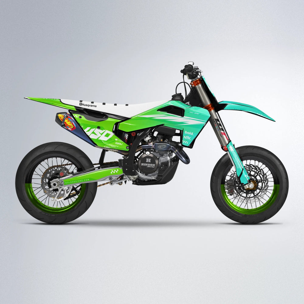 NTK V5 Husqvarna FE/TE supermoto graphics kit in Cyan & Green