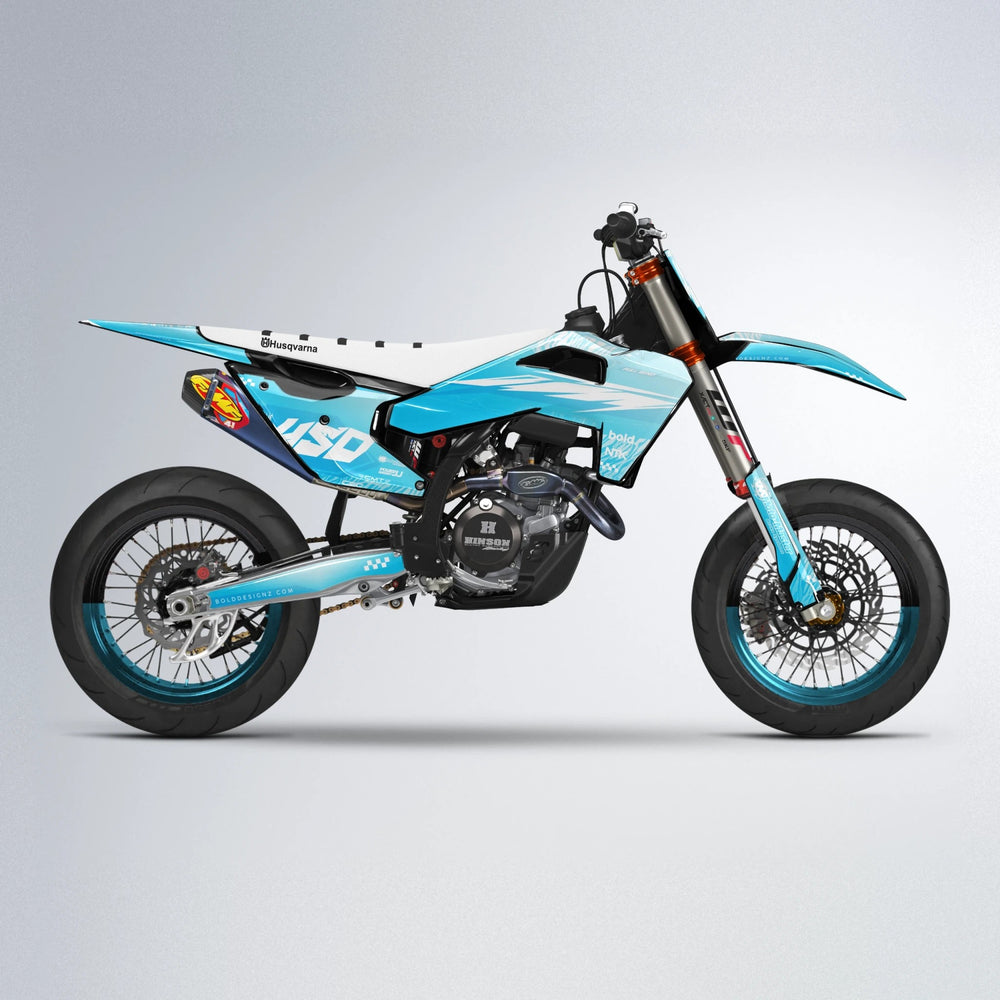 NTK V5 Husqvarna FE/TE supermoto graphics kit in Light Blue & White