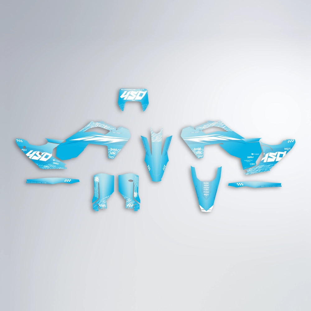 NTK V5 Husqvarna FE/TE graphics kit parts layout in Light Blue & White