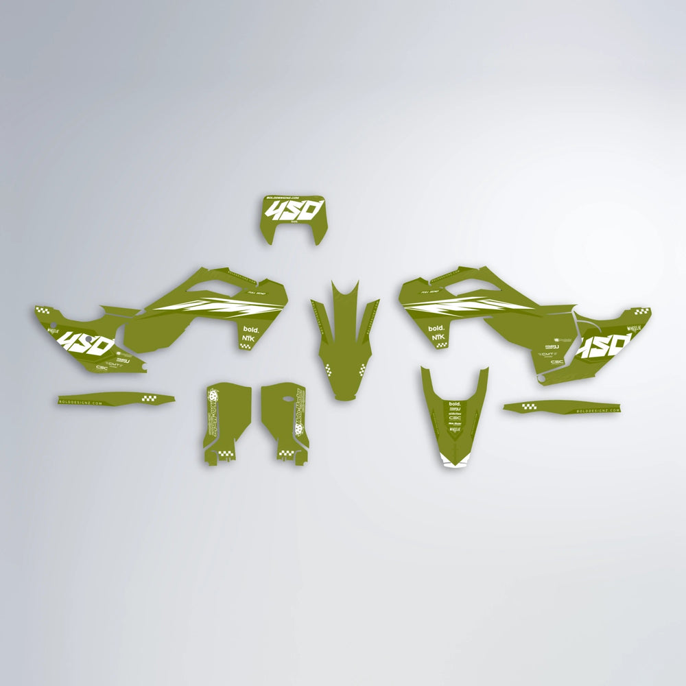 NTK V5 Husqvarna FE/TE graphics kit parts layout in Olive